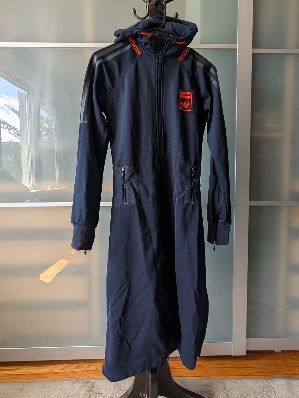 📼Rare Vintage adidas Safety Long Navy Hooded Full Zip Long Track Jacket Dress S - Picture 1 of 13